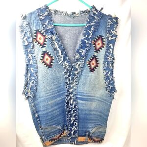 Upcycled Boho Western Aztec Long Denim Vest Wrangler Jeans